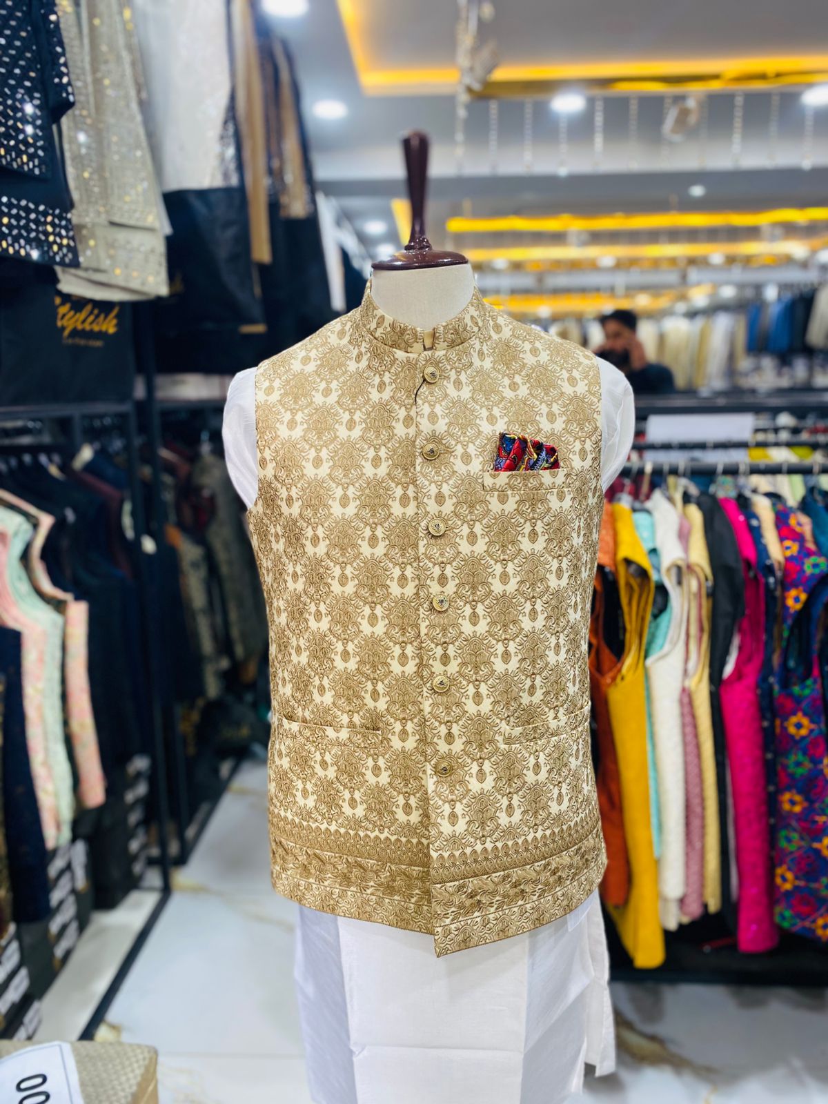 Stylish Gold Waistcoat Men Pakistan | Sherwani Wedding Vest (zw6048) | Star Fabrics