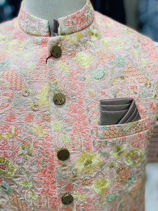 Stylish Pink Gold Waistcoat Men Pakistan | Sherwani Wedding Vest (zw5179) | Star Fabrics