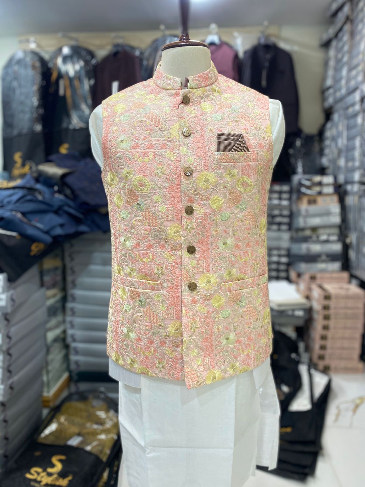 Stylish Pink Gold Waistcoat Men Pakistan | Sherwani Wedding Vest (zw5179) | Star Fabrics