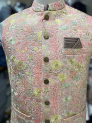 Stylish Pink Gold Waistcoat Men Pakistan | Sherwani Wedding Vest (zw5179) | Star Fabrics