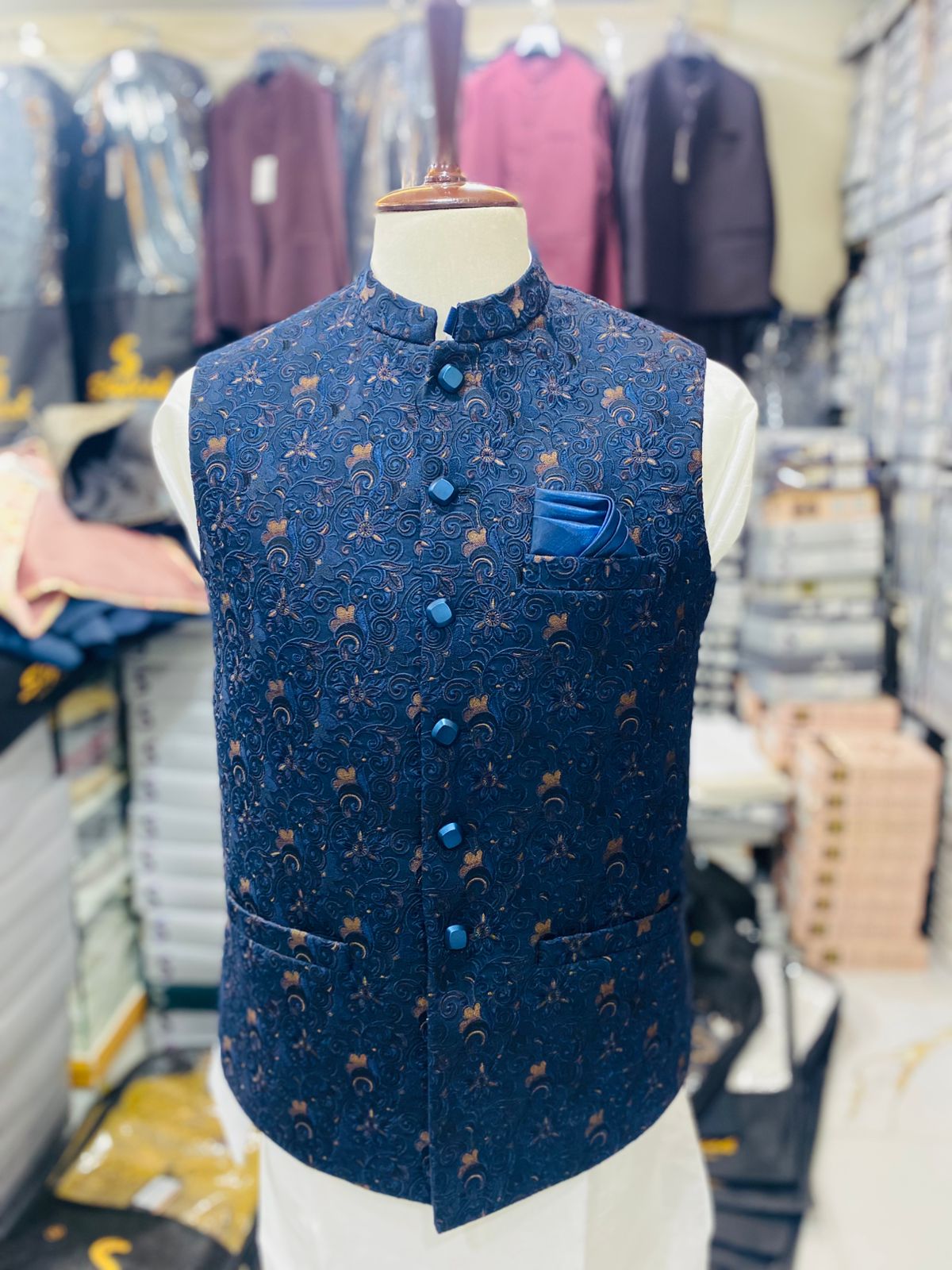 Stylish Blue Waistcoat Men Pakistan | Sherwani Navy Vest (zw5132) | Star Fabrics