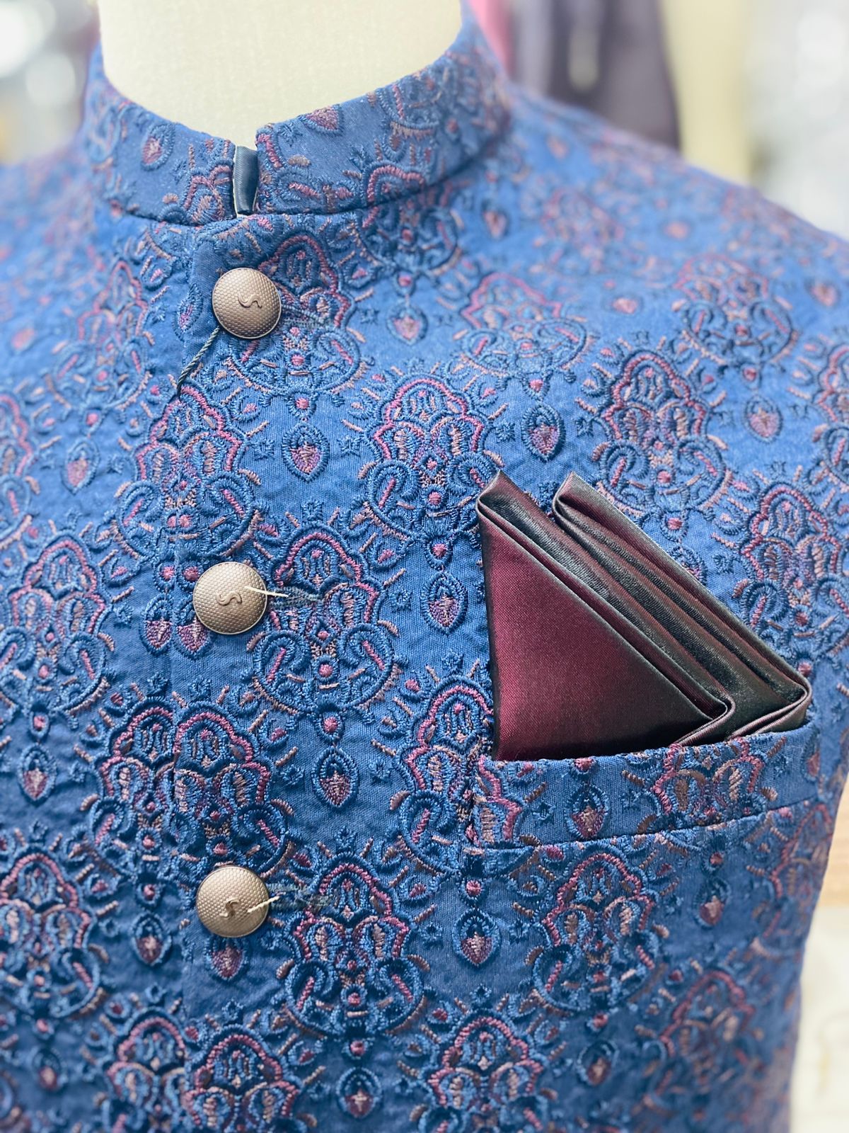 Stylish Blue Waistcoat Men Pakistan | Sherwani Navy Vest (zw4076) | Star Fabrics