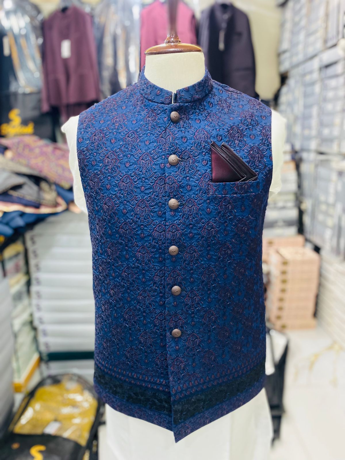Stylish Blue Waistcoat Men Pakistan | Sherwani Navy Vest (zw4076) | Star Fabrics