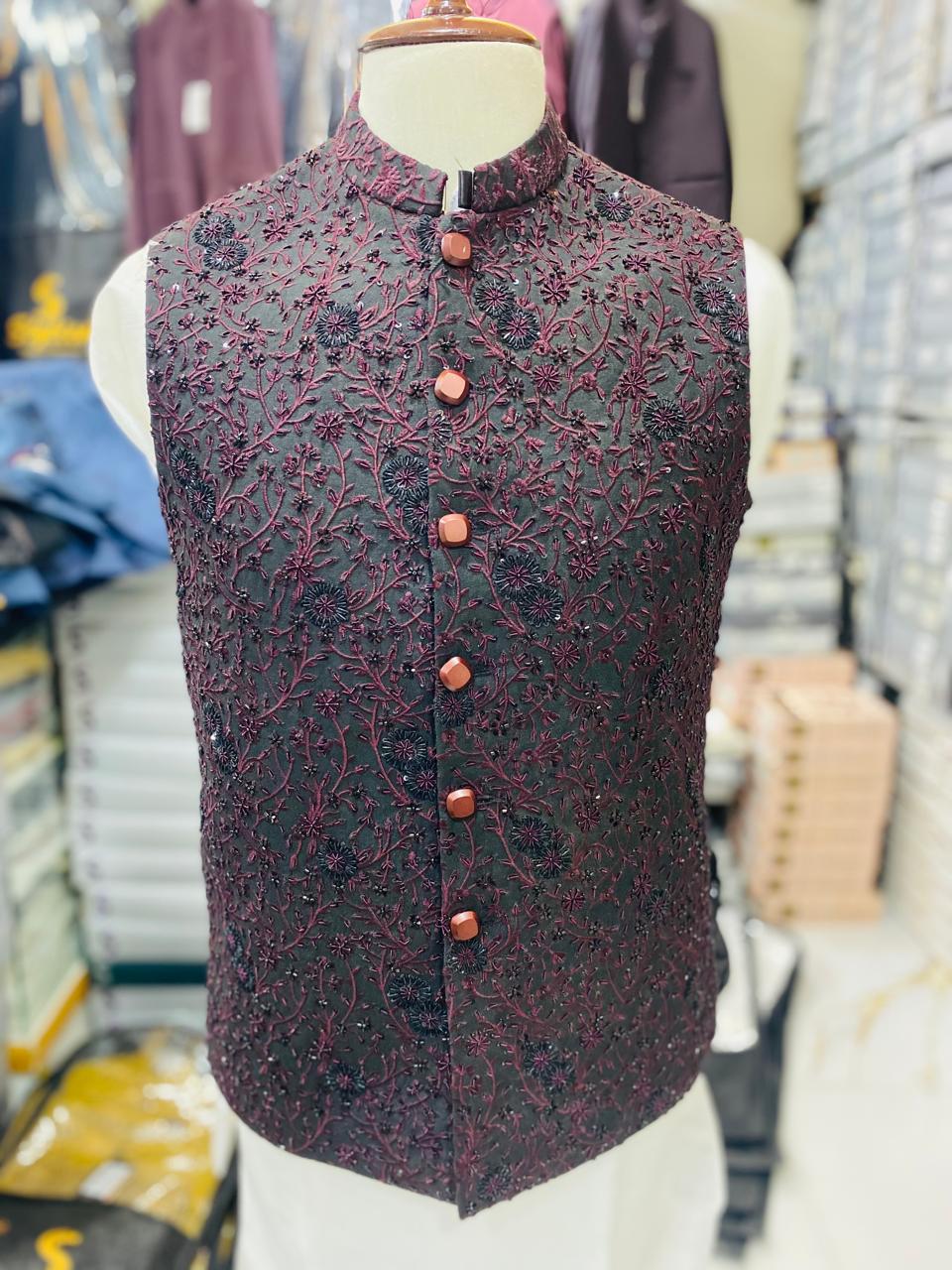 Stylish Black & Mahroon Waistcoat Men Pakistan - Sherwani Vest (zw5152) | Star Fabrics