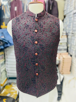 Stylish Black & Mahroon Waistcoat Men Pakistan - Sherwani Vest (zw5152) | Star Fabrics