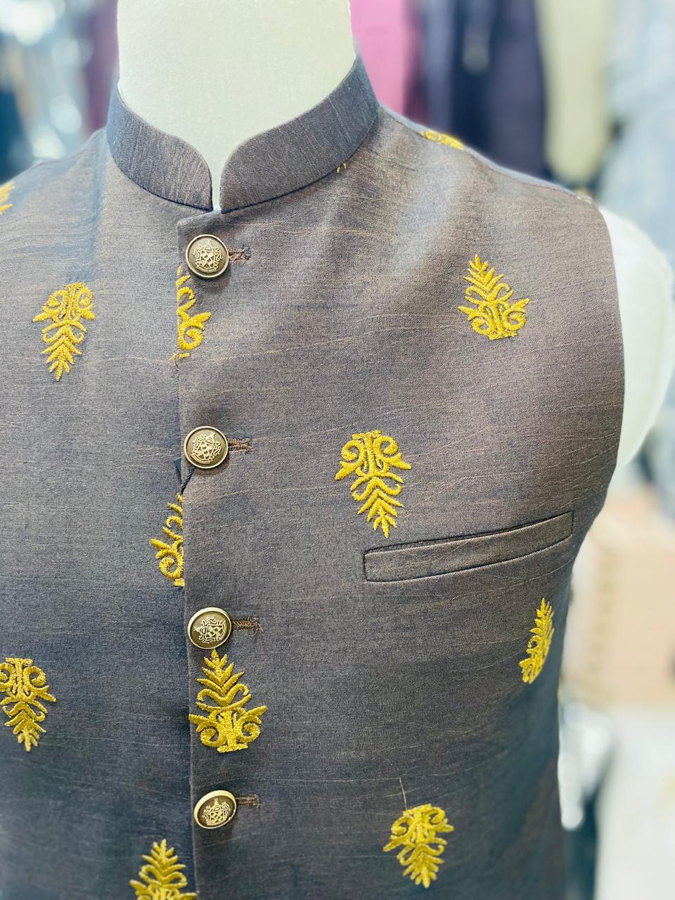 Stylish Black Gold Waistcoat Men Pakistan | Sherwani Wedding Vest (zw5131) | Star Fabrics