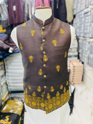 Stylish Black Gold Waistcoat Men Pakistan | Sherwani Wedding Vest (zw5131) | Star Fabrics