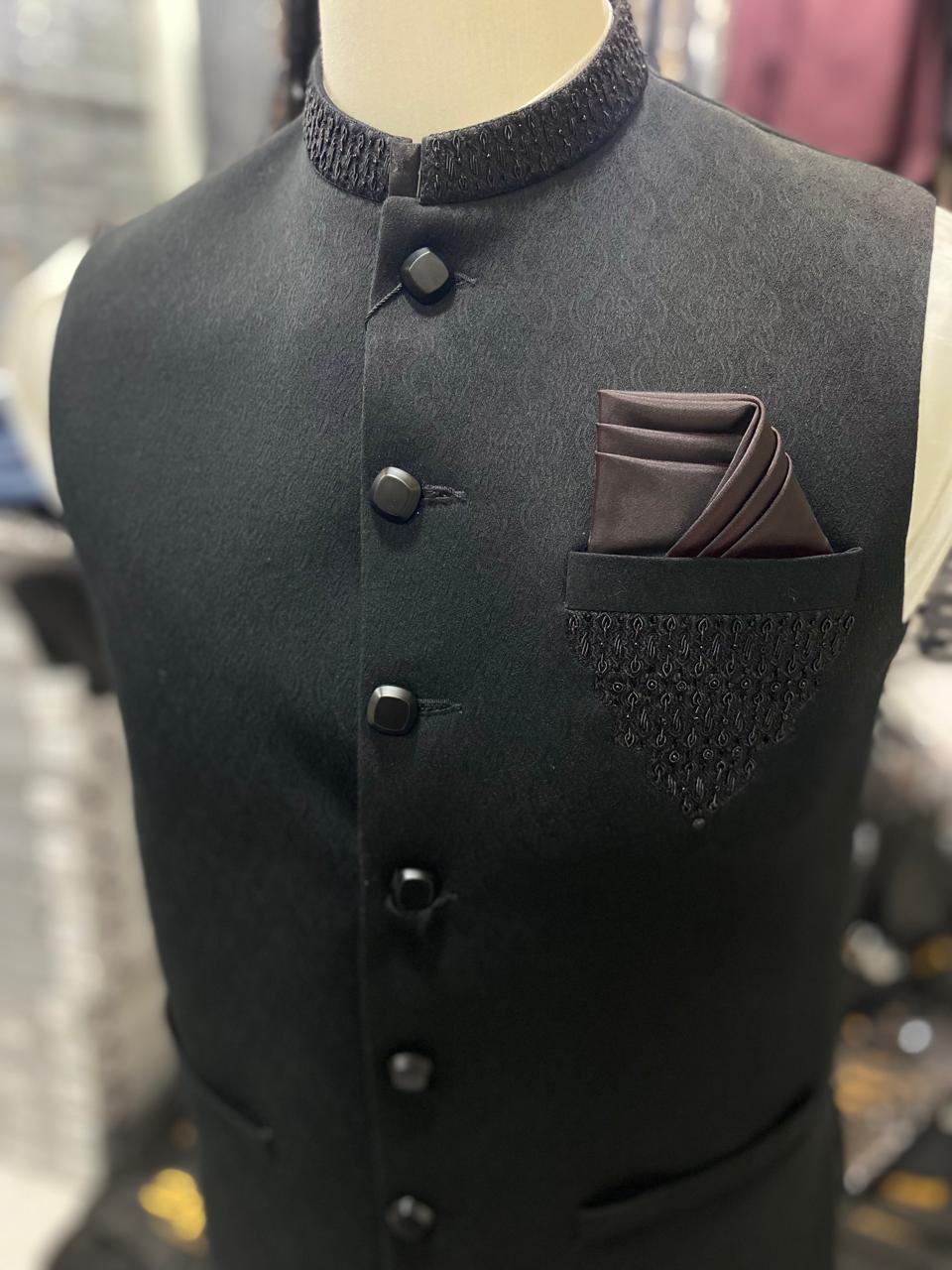 Stylish Black Waistcoat Men Pakistan - Sherwani Vest (zw4076) | Star Fabrics