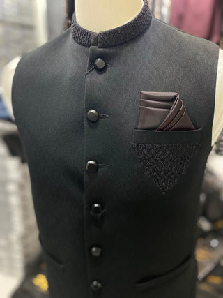 Stylish Black Waistcoat Men Pakistan - Sherwani Vest (zw4076) | Star Fabrics