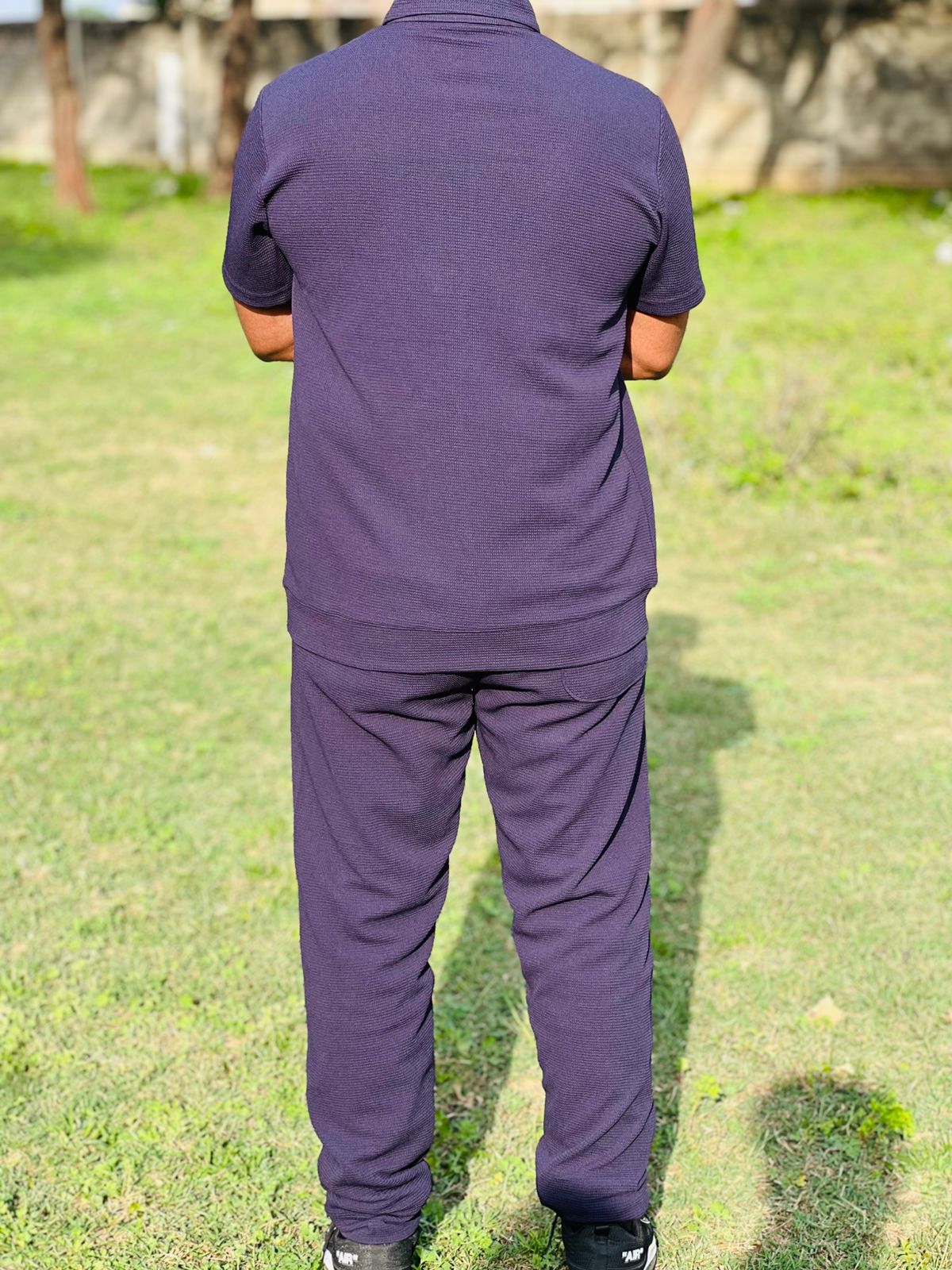 Men’s Slim Fit Half-Zip Polo Co-Ord Set – Textured Piqué/Waffle Knit Shirt with Matching Trouser