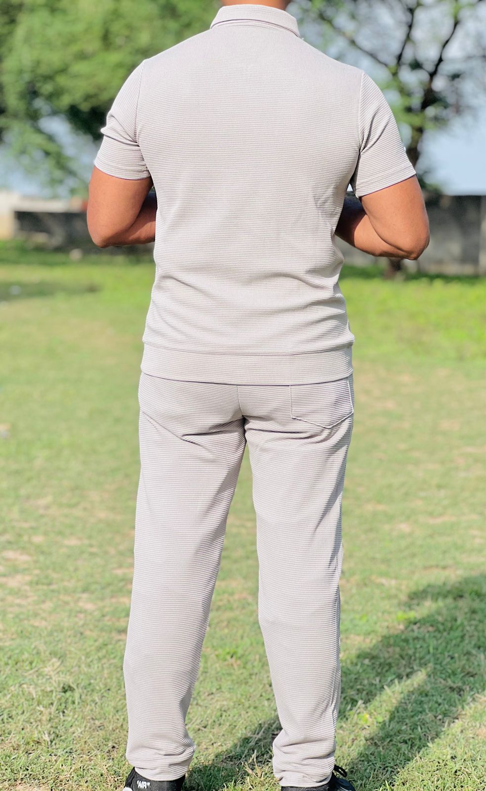 Men’s Slim Fit Half-Zip Polo Co-Ord Set – Textured Piqué/Waffle Knit Shirt with Matching Trouser