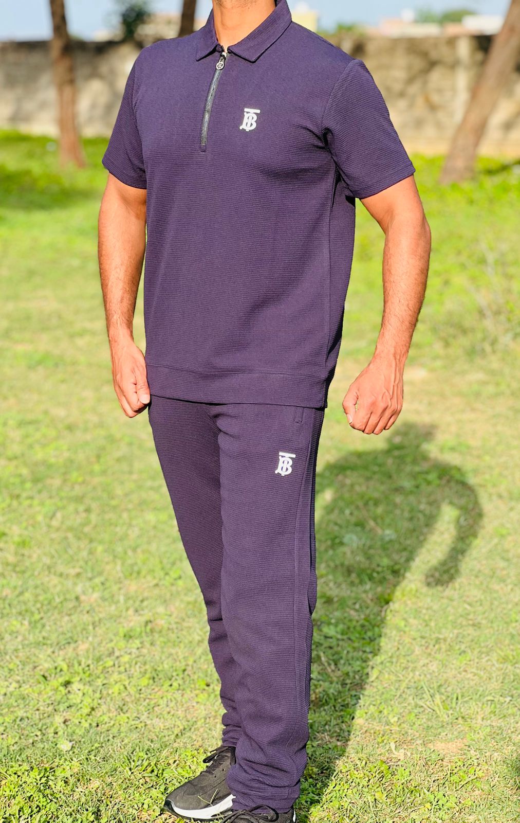 Men’s Slim Fit Half-Zip Polo Co-Ord Set – Textured Piqué/Waffle Knit Shirt with Matching Trouser