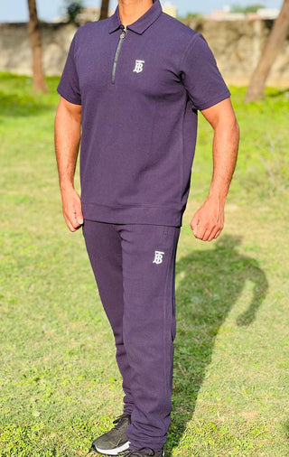 Men’s Slim Fit Half-Zip Polo Co-Ord Set – Textured Piqué/Waffle Knit Shirt with Matching Trouser
