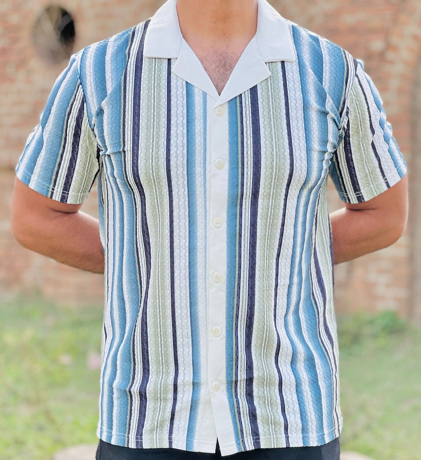 Men’s  Textured Knit Cuban Collar Shirt – Slim Fit Casual Wear