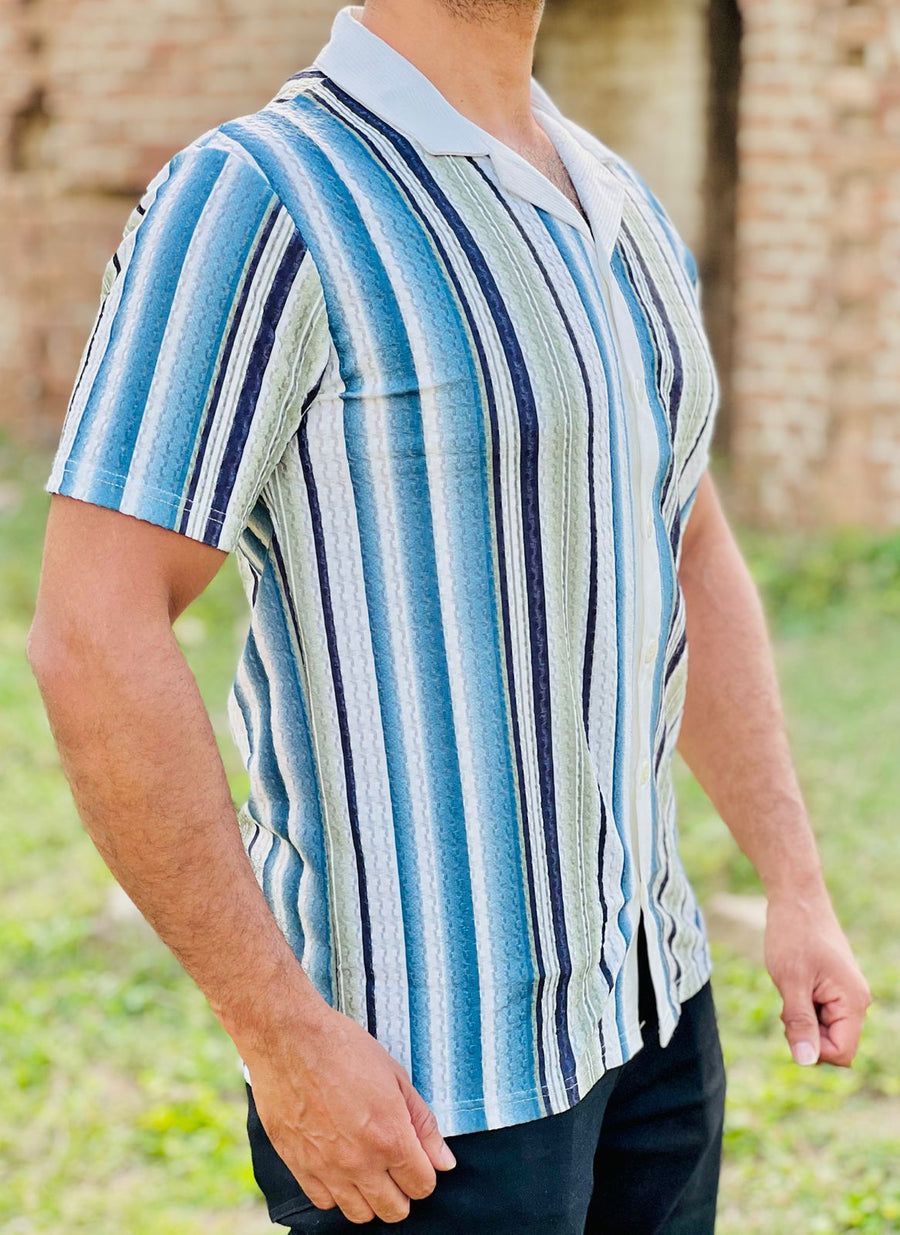 Men’s  Textured Knit Cuban Collar Shirt – Slim Fit Casual Wear