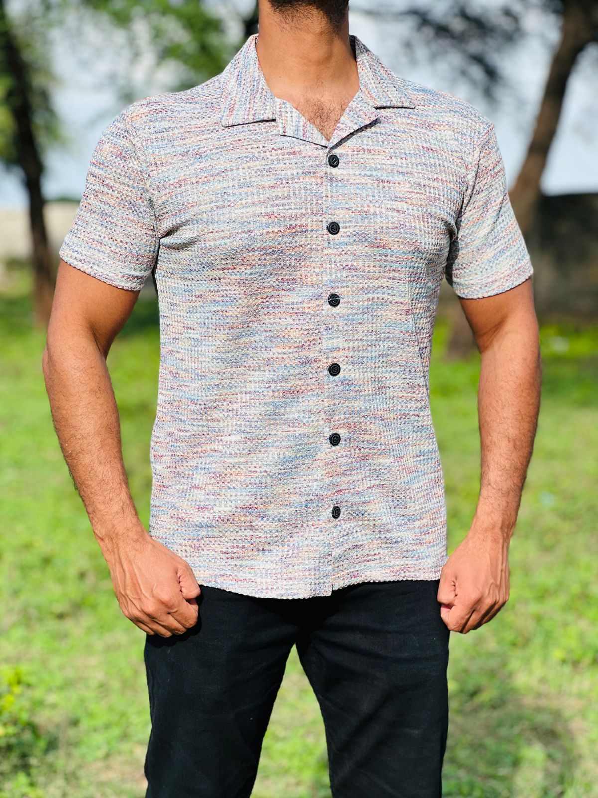 Men’s  Textured Knit Cuban Collar Shirt – Slim Fit Casual Wear