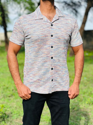 Men’s  Textured Knit Cuban Collar Shirt – Slim Fit Casual Wear