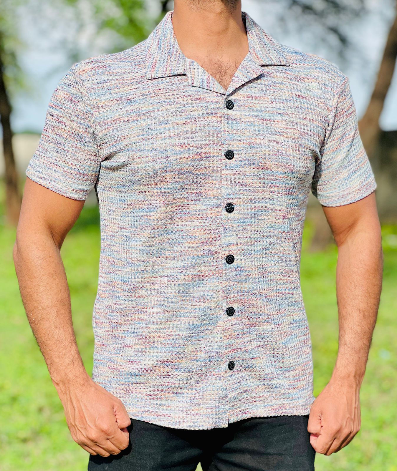 Men’s  Textured Knit Cuban Collar Shirt – Slim Fit Casual Wear