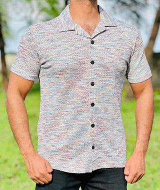 Men’s  Textured Knit Cuban Collar Shirt – Slim Fit Casual Wear