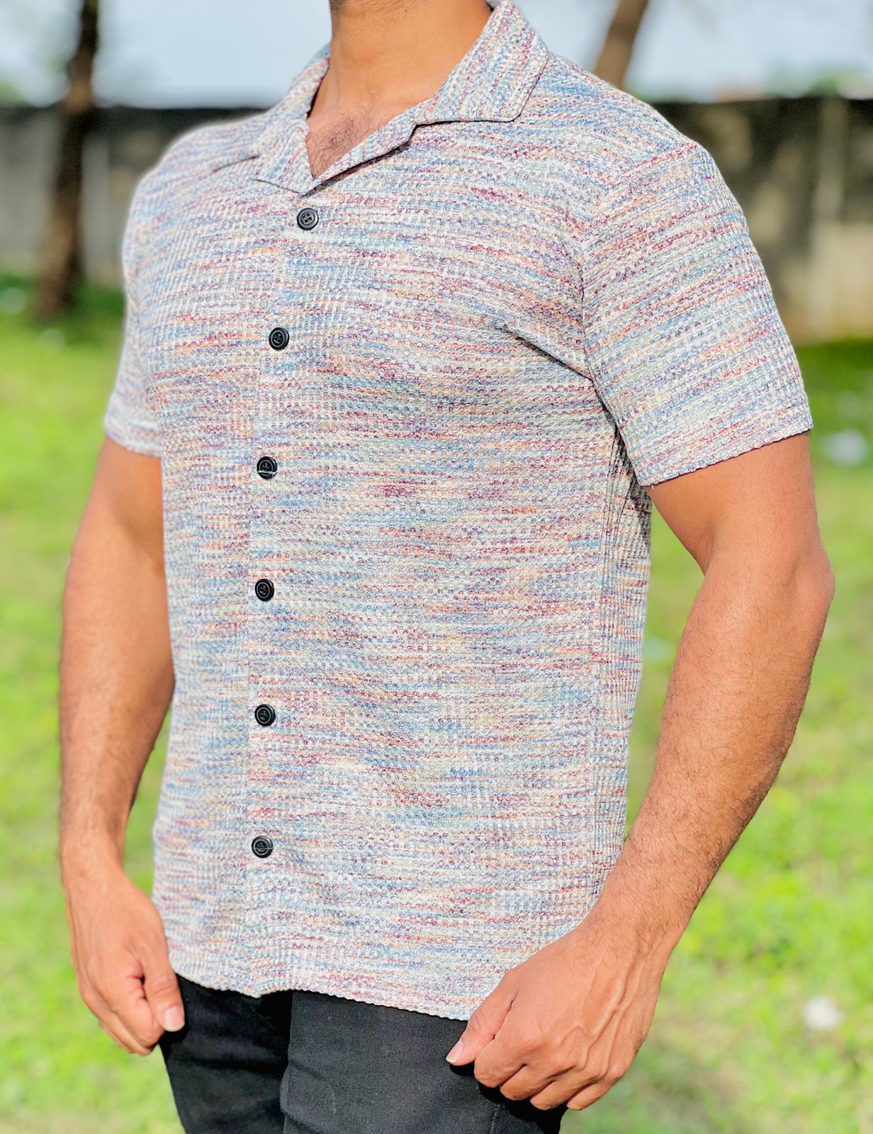 Men’s  Textured Knit Cuban Collar Shirt – Slim Fit Casual Wear