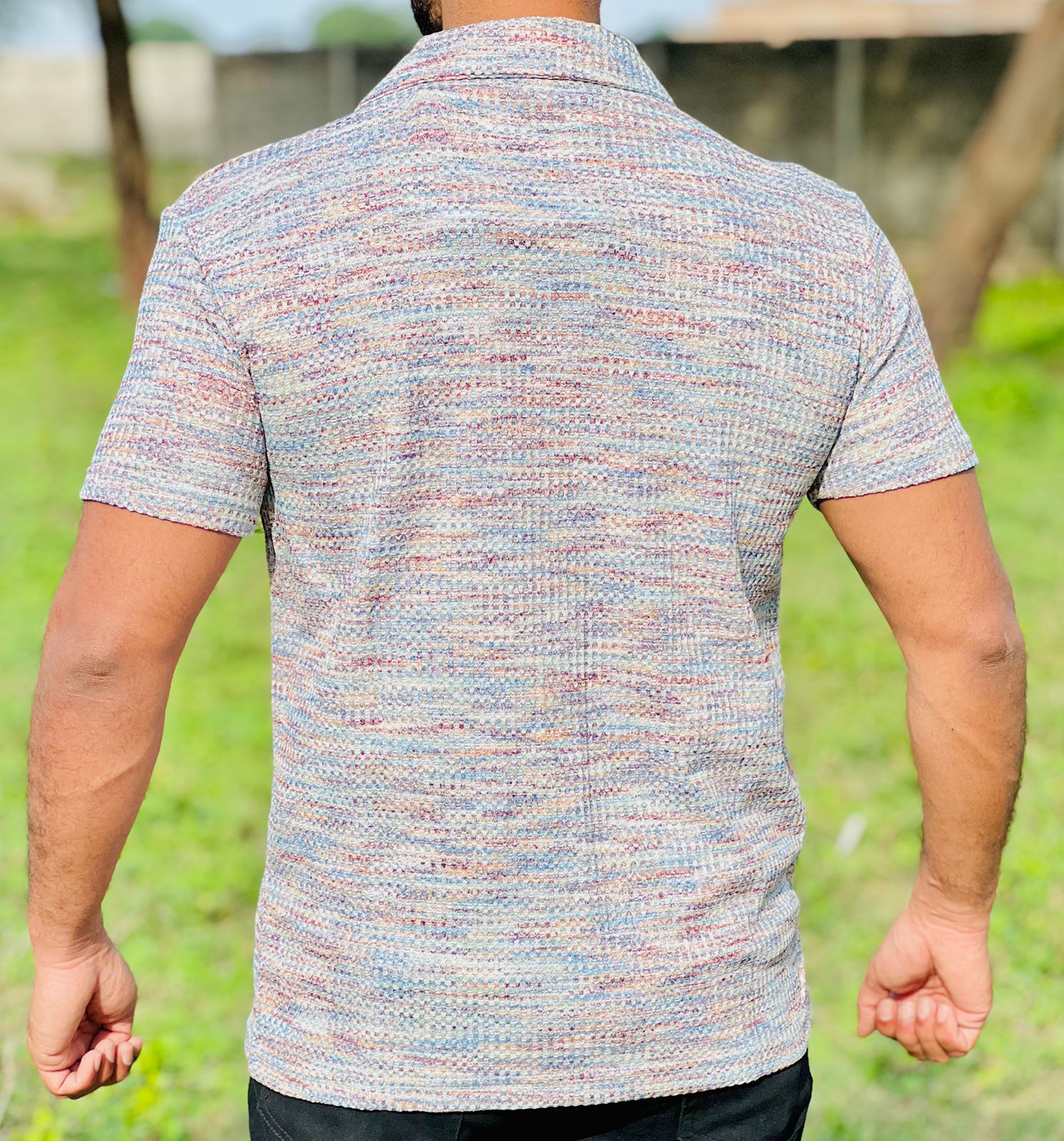 Men’s  Textured Knit Cuban Collar Shirt – Slim Fit Casual Wear