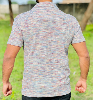 Men’s  Textured Knit Cuban Collar Shirt – Slim Fit Casual Wear