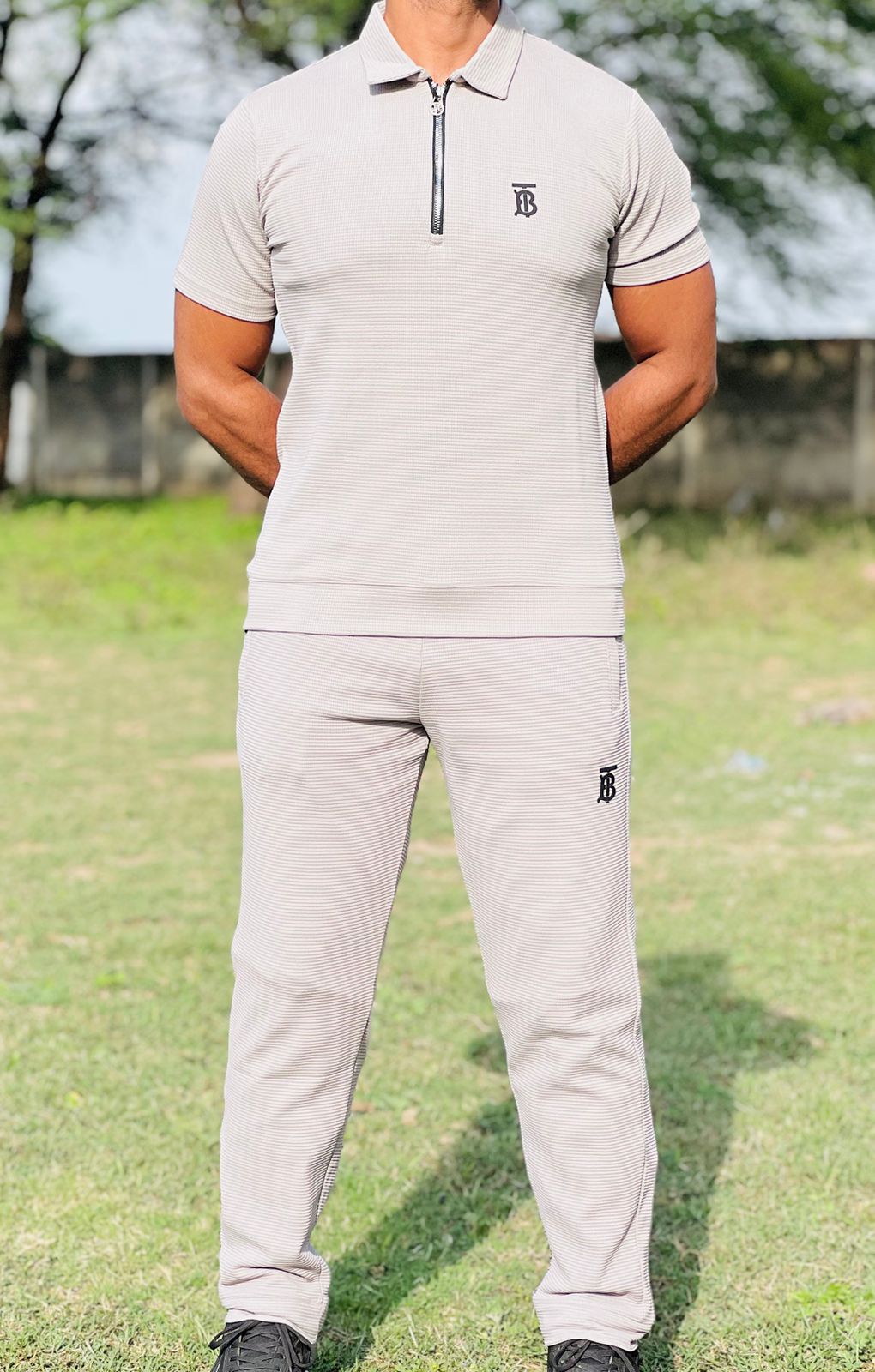 Men’s Slim Fit Half-Zip Polo Co-Ord Set – Textured Piqué/Waffle Knit Shirt with Matching Trouser