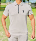 Men’s Slim Fit Half-Zip Polo Co-Ord Set – Textured Piqué/Waffle Knit Shirt with Matching Trouser