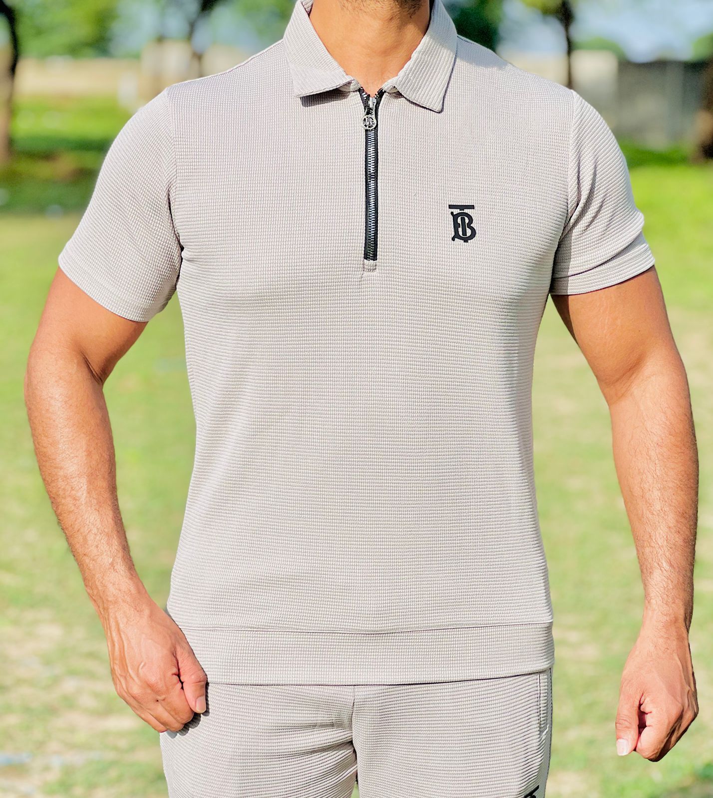 Men’s Slim Fit Half-Zip Polo Co-Ord Set – Textured Piqué/Waffle Knit Shirt with Matching Trouser