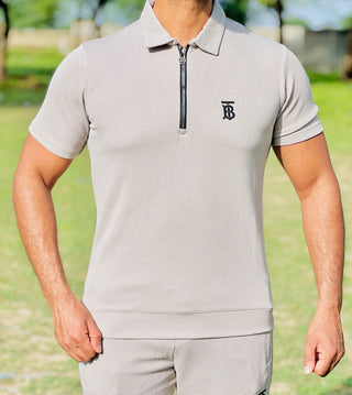 Men’s Slim Fit Half-Zip Polo Co-Ord Set – Textured Piqué/Waffle Knit Shirt with Matching Trouser