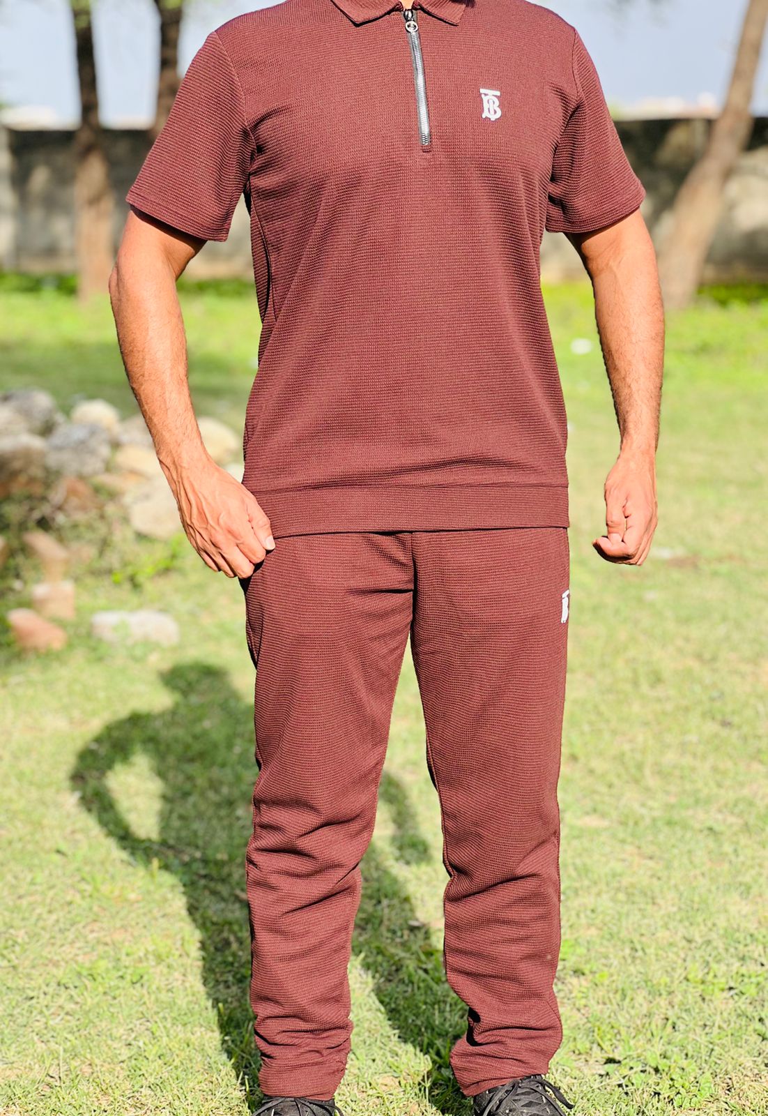 Men’s Maroon Textured Zipper Polo Co-Ord Set – Slim Fit Shirt with Matching Trousers