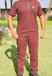 Men’s Maroon Textured Zipper Polo Co-Ord Set – Slim Fit Shirt with Matching Trousers