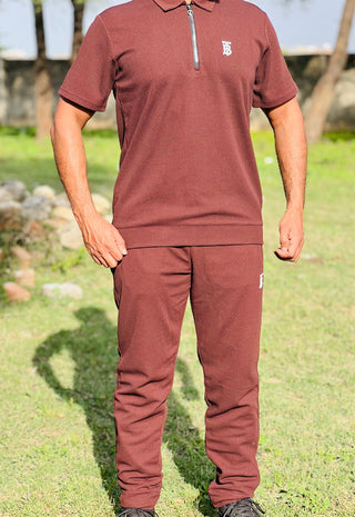 Men’s Maroon Textured Zipper Polo Co-Ord Set – Slim Fit Shirt with Matching Trousers