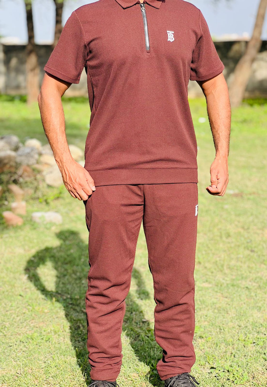 Men’s Maroon Textured Zipper Polo Co-Ord Set – Slim Fit Shirt with Matching Trousers