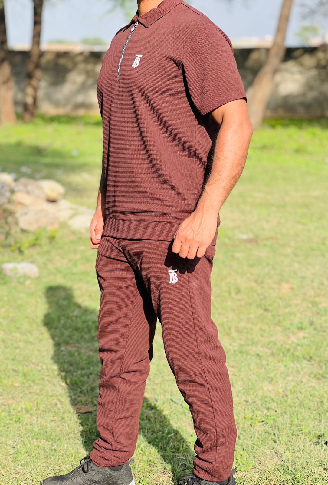 Men’s Maroon Textured Zipper Polo Co-Ord Set – Slim Fit Shirt with Matching Trousers