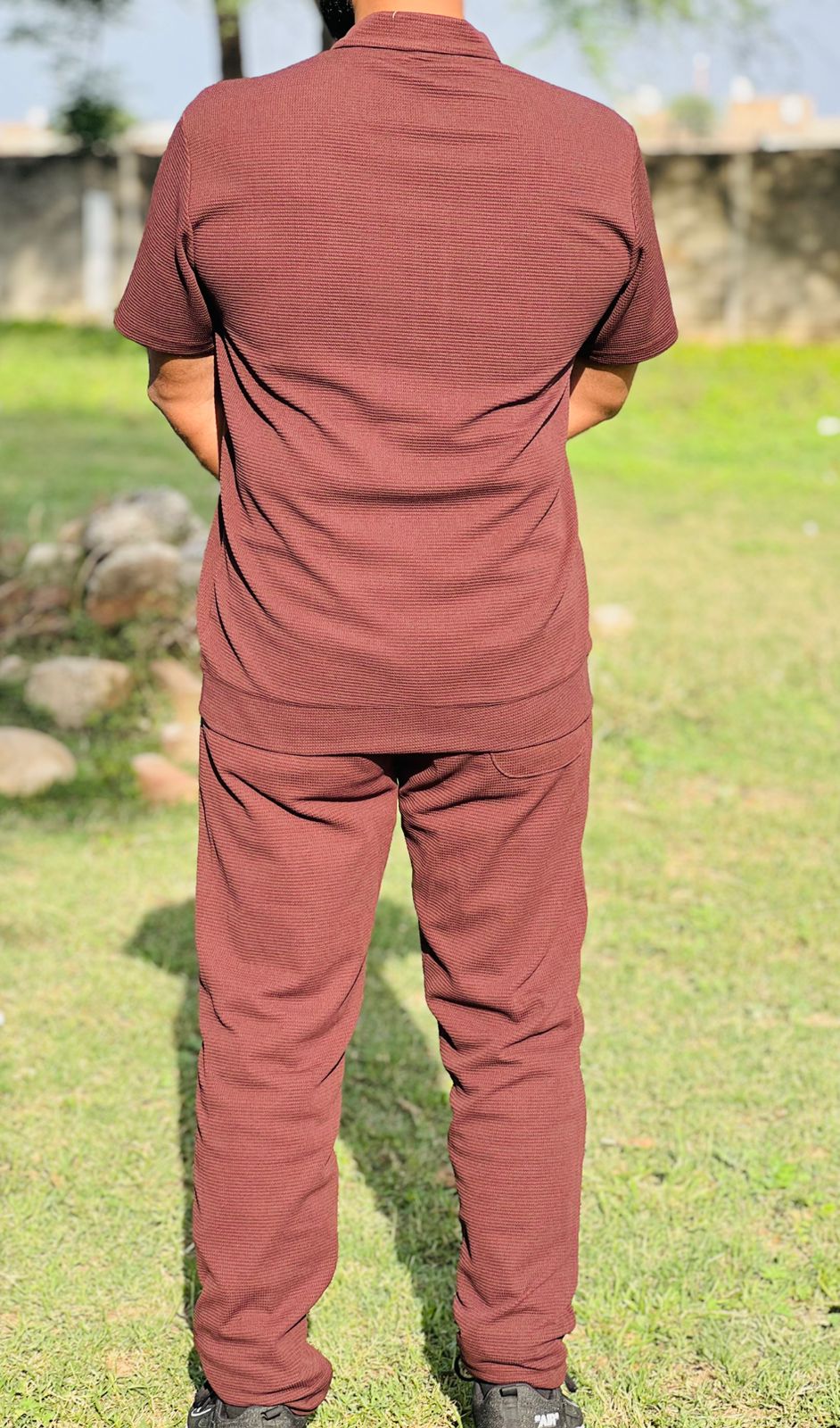 Men’s Maroon Textured Zipper Polo Co-Ord Set – Slim Fit Shirt with Matching Trousers