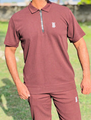 Men’s Maroon Textured Zipper Polo Co-Ord Set – Slim Fit Shirt with Matching Trousers