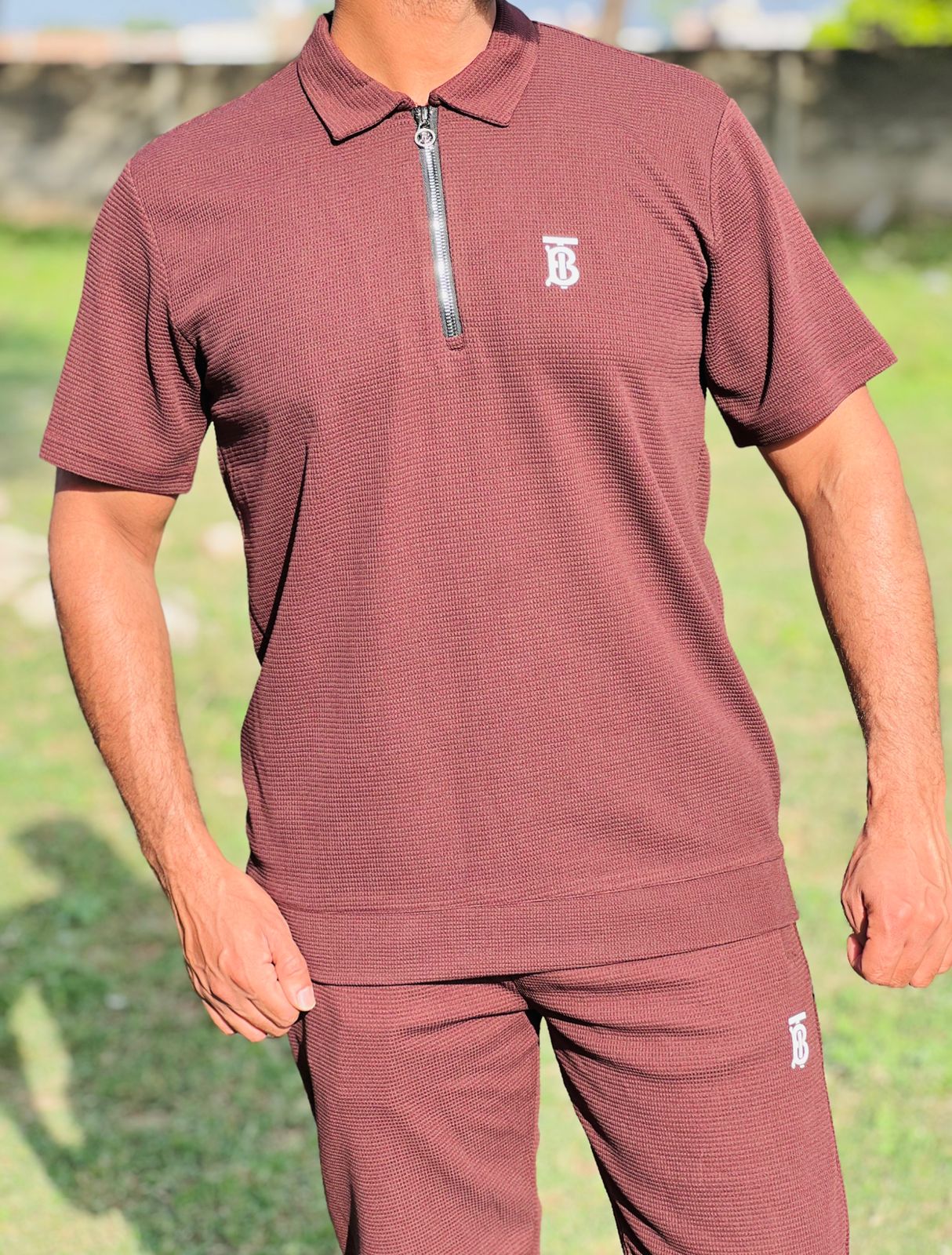 Men’s Maroon Textured Zipper Polo Co-Ord Set – Slim Fit Shirt with Matching Trousers