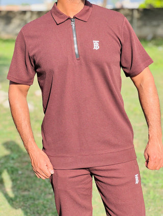 Men’s Maroon Textured Zipper Polo Co-Ord Set – Slim Fit Shirt with Matching Trousers