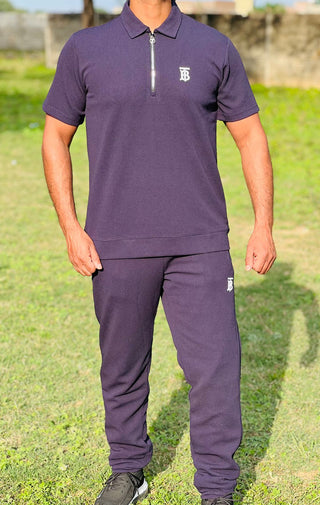 Men’s Slim Fit Half-Zip Polo Co-Ord Set – Textured Piqué/Waffle Knit Shirt with Matching Trouser