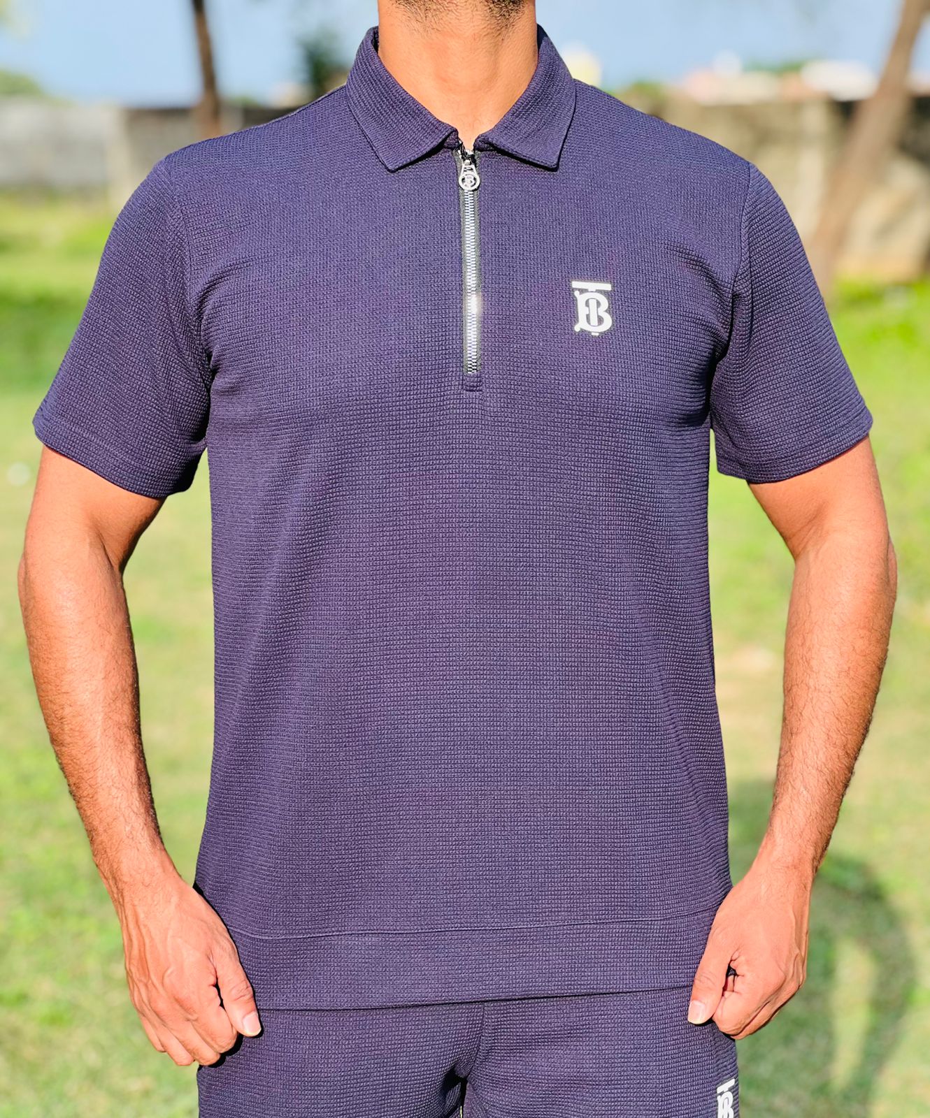 Men’s Slim Fit Half-Zip Polo Co-Ord Set – Textured Piqué/Waffle Knit Shirt with Matching Trouser