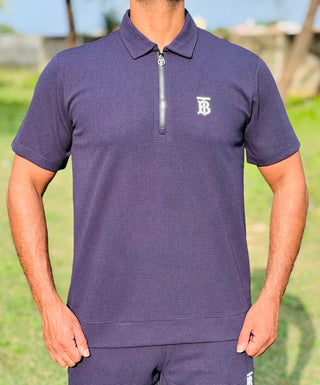 Men’s Slim Fit Half-Zip Polo Co-Ord Set – Textured Piqué/Waffle Knit Shirt with Matching Trouser