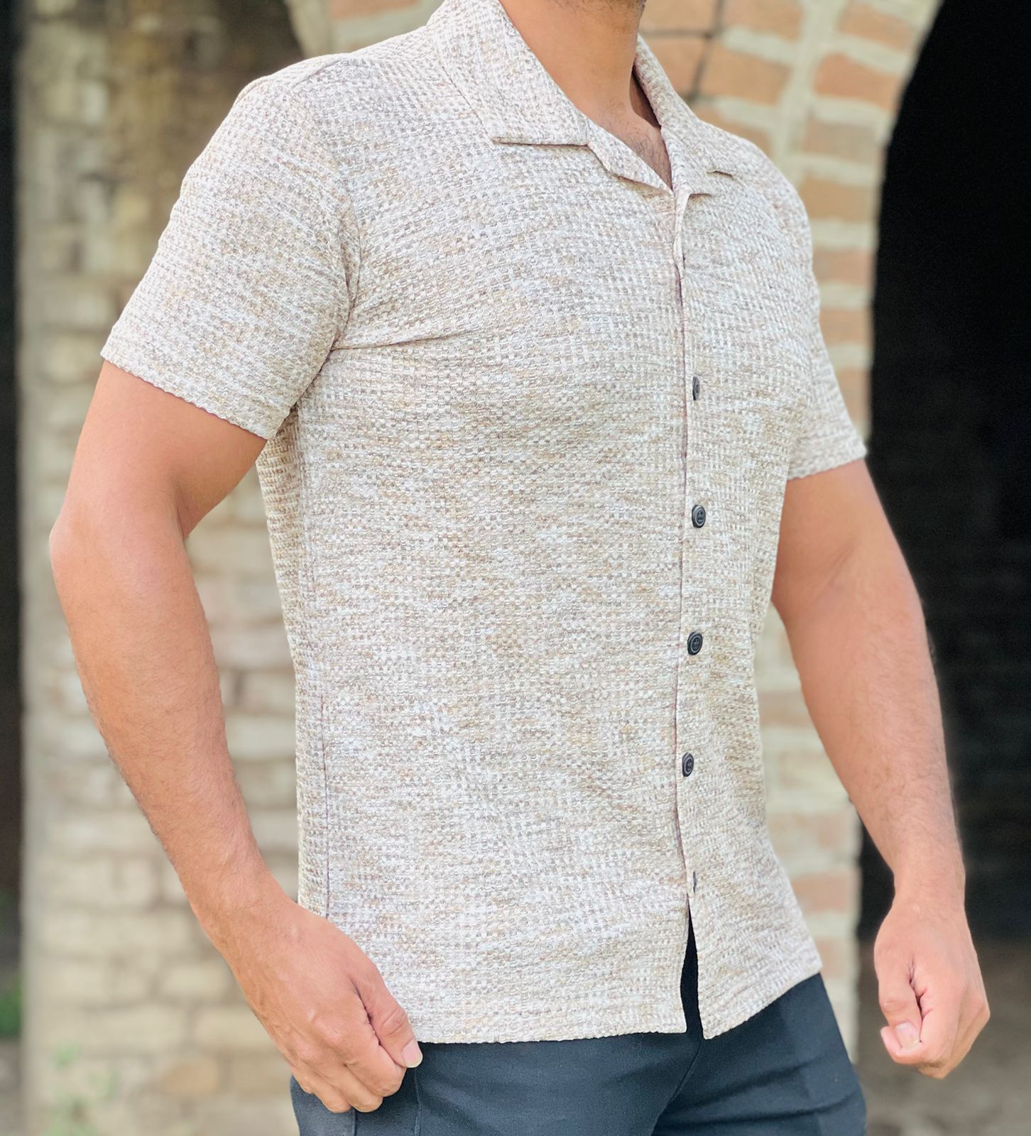 Men’s  Textured Knit Cuban Collar Shirt – Slim Fit Casual Wear
