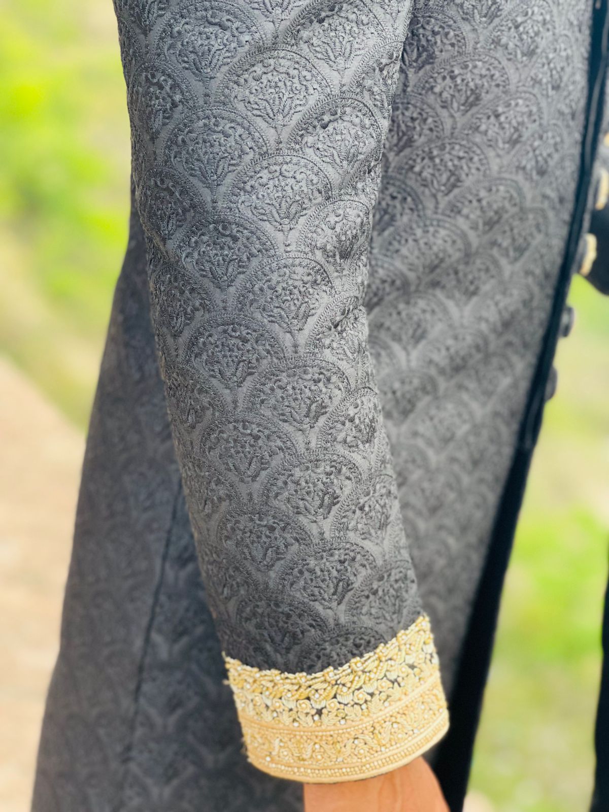 Luxury Black Jamawar Sherwani with Gold Embroidery & Kulla for Groom