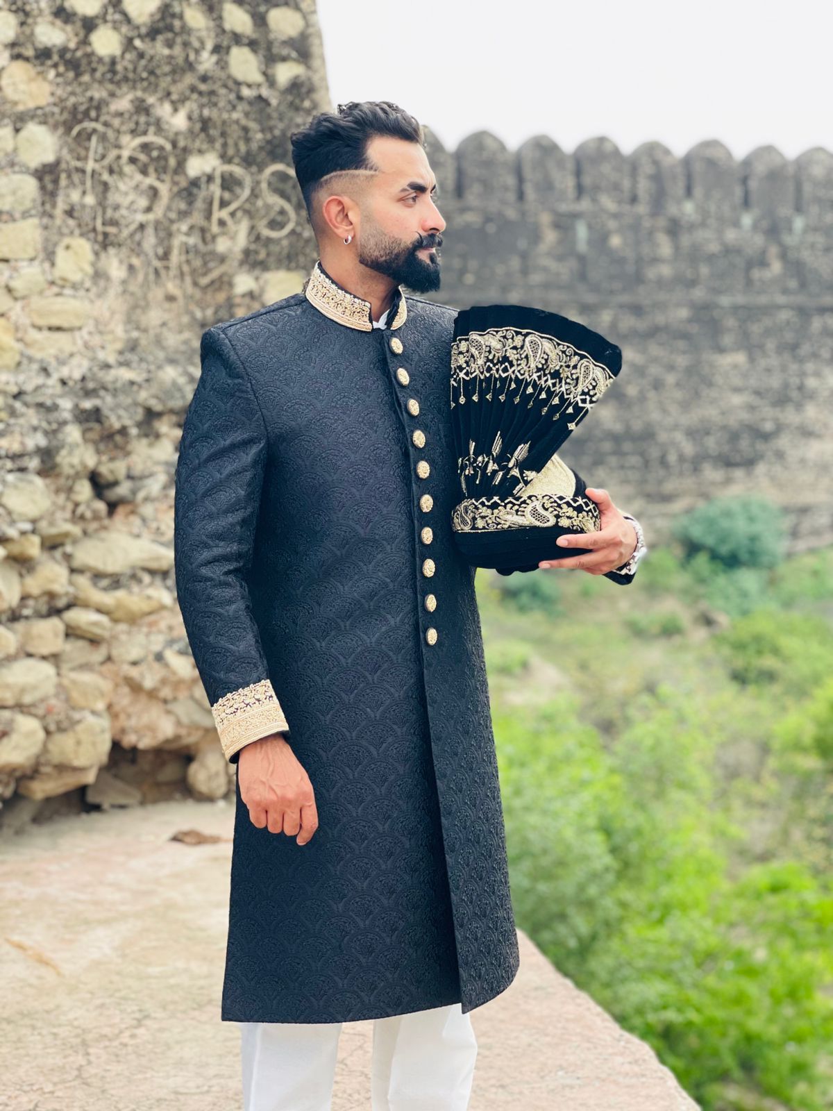 Luxury Black Jamawar Sherwani with Gold Embroidery & Kulla for Groom