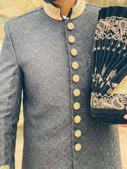 Luxury Black Jamawar Sherwani with Gold Embroidery & Kulla for Groom