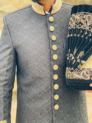 Luxury Black Jamawar Sherwani with Gold Embroidery & Kulla for Groom