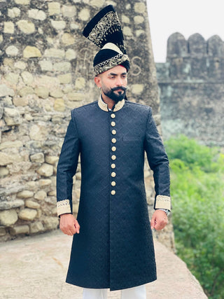Luxury Black Jamawar Sherwani with Gold Embroidery & Kulla for Groom