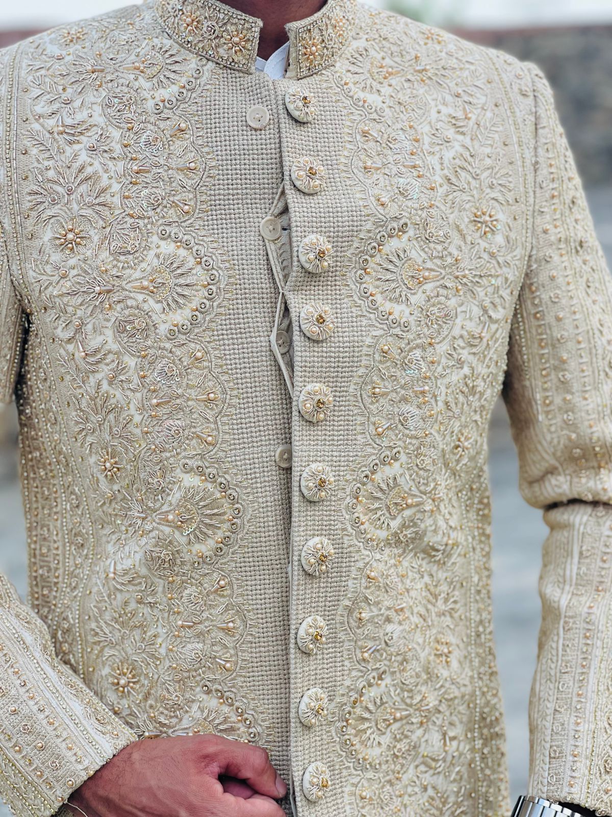 Elegant Embroidered Sherwani with White Pajama & Kulla for Groom