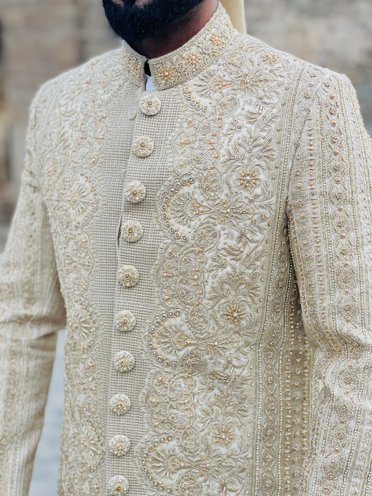 Elegant Embroidered Sherwani with White Pajama & Kulla for Groom